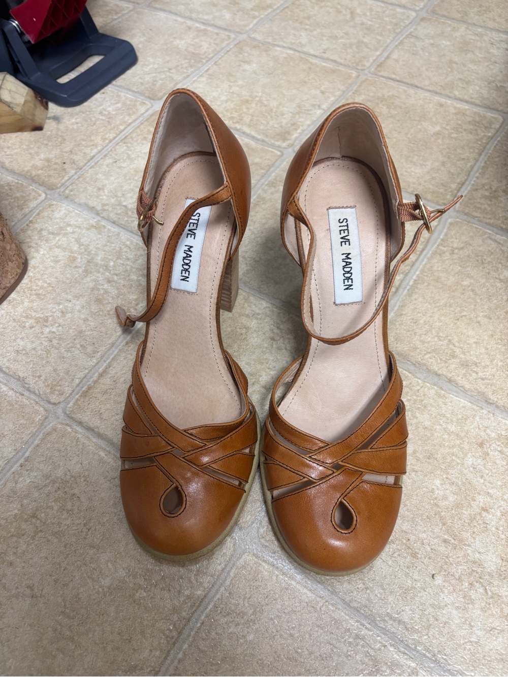 Steve Madden Tan Leather Ankle-Strap Peep-Toe Heels